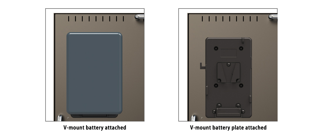 Supports External Battery (V-mount screw holes on the back).