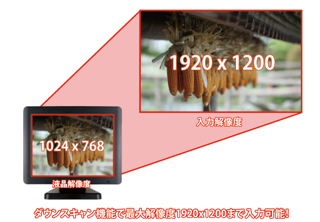 ダウンスキャン表示機能で、デジタル（最大1920×1080p）、アナログ（最大1920×1200（WUXGA））まで入力可能（スケーリング表示）